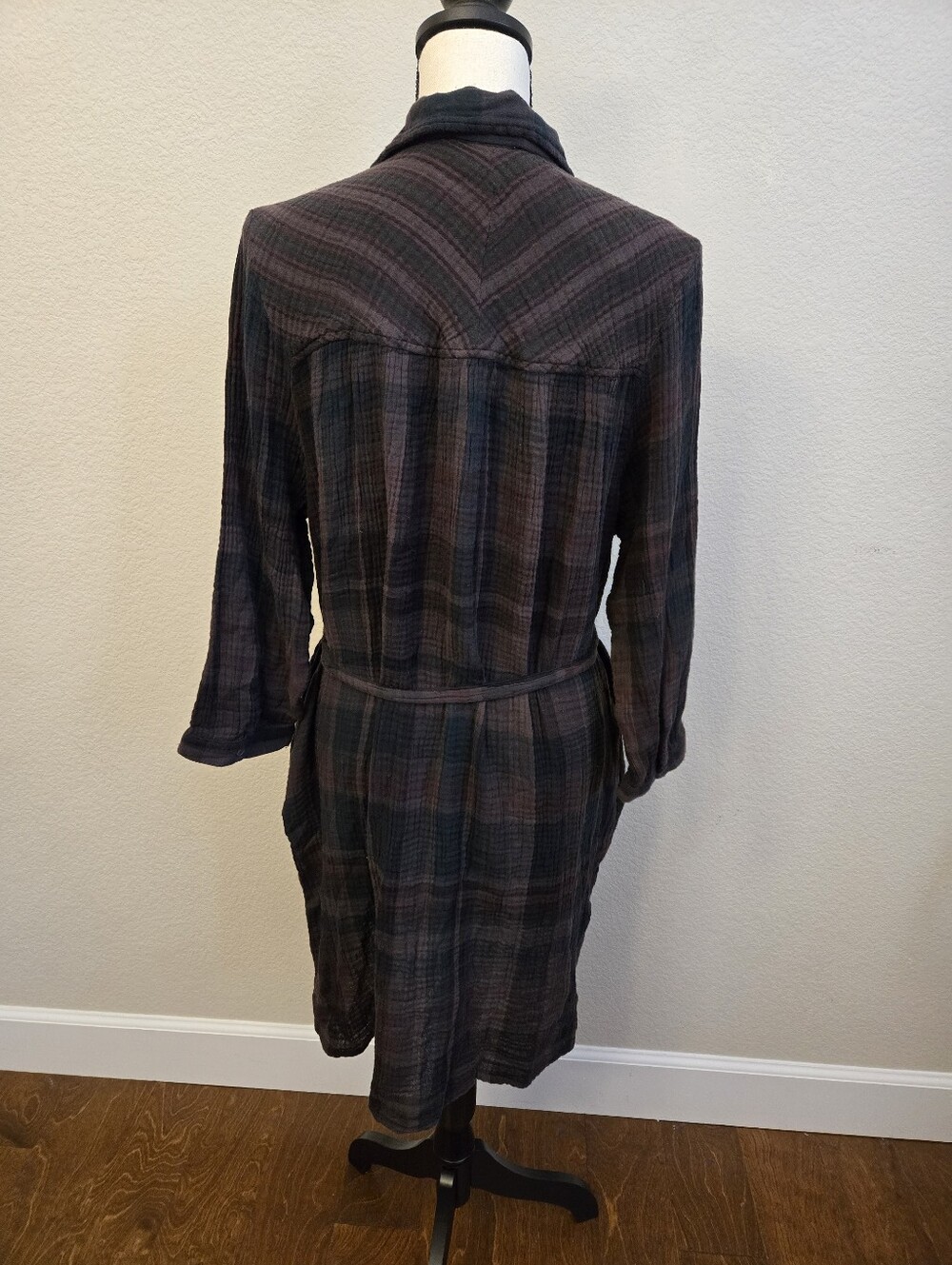 Michael Stars Cotton Polly Ballon Sleeve Shirt Dress Sz XL Plaid Tie At Waist - Picture 8 of 11